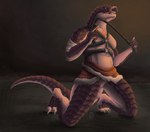 anthro bdsm bdsm_gear bdsm_outfit chest_harness digitigrade harness kneeling licking licking_lips looking_at_viewer male markings solo tattoo tongue tongue_out tribal tribal_clothing tribal_markings tribal_tattoo draigkegnet overlord_(series) zaryusu_shasha lizardman lizardman_(overlord) reptile scalie hi_res