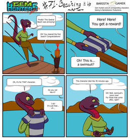 ambiguous_gender anthro bottomwear clothing cochlear_implant_processor deaf dialogue docks female jumping lake nails pants prosthetic prosthetic_limb swimwear tail text topwear baristagamerproductions ada_(gem_hunters) gestral reptile scalie snake absurd_res comic english_text hi_res