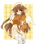 accessory animal_print anime_eyes anthro beverage border bottomless brown_hair clothed clothing cow_print eyelashes female hair hair_accessory hairclip halo heart_eyes heart_symbol holding_beverage holding_object holding_plushie hoodie horn long_hair milk navel orange_clothing orange_hoodie orange_topwear pattern_background plushie simple_background snap_clip solo topwear white_border fredek666 bovid bovine cattle mammal digital_media_(artwork) hi_res shaded warm_colors