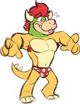 2_horns armpit_hair body_hair bulge clothed clothing hair horn male navel pecs red_clothing red_eyes red_hair red_underwear solo standing tongue tongue_out topless underwear goronic mario_bros nintendo bowser koopa scalie digital_media_(artwork) full-length_portrait portrait