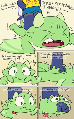 2_horns 3_toes anthro blue_arms blue_bottomwear blue_clothing blue_feet blue_legs blue_pants blue_tail bodily_fluids bottomwear claws clothing cum cum_drip dialogue dripping duo erection feet foot_in_mouth foot_insertion forced forced_transformation genital_fluids genitals green_arms green_body green_ears green_eyes green_feet green_legs green_tail head_horn horn inner_monologue light_horn light_wings male mid_transformation monotone_horn multicolored_body nude pants penis plantigrade saliva shirt shrinking size_transformation smooth_horn speech_marker stepped_on tail text thinking toes tongue_showing topwear transformation wet_feet wing_claws wings yellow_clothing yellow_shirt yellow_topwear nomani_int32 european_mythology mythology nomani_(nomani_int32) wasabi_(nomani_int32) dragon mythological_creature mythological_scalie scalie western_dragon wyvern 5:8 comic hi_res japanese_text brother_(lore) brothers_(lore) sibling_(lore)