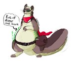 abdominal_bulge after_vore anthro belt belt_pouch cape clothing digestion_noises domestic_ferret english_text eyewear fluffy glasses green_eyes hi_res kerchief male mammal milo_(slimyjaws) mustelid musteline neckerchief oral_vore simple_background slimyjaws solo tail text true_musteline unseen_prey vore weasel