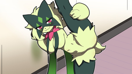 anthro blush breast_curtains breasts featureless_crotch female flexible flexing looking_at_viewer null one_leg_up pink_eyes raised_leg solo splits spread_legs spreading standing vertical_splits yoga hakkim nintendo pokemon generation_9_pokemon meowscarada pokemon_(species) 16:9 hi_res widescreen
