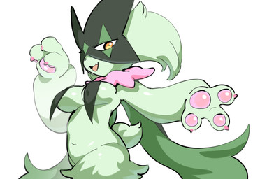 anthro belly bodily_fluids breast_curtains breasts claws covered_nipples female female_anthro fur green_body green_fur green_hair hair looking_at_viewer medium_breasts navel open_mouth pawpads pink_claws pink_pawpads simple_background slightly_chubby solo white_background yellow_eyes oposa nintendo pokemon felid feline generation_9_pokemon mammal meowscarada pokemon_(species) 2026 absurd_res hi_res