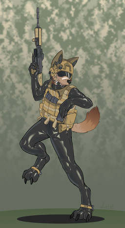 3_toes anthro ar_platform armor assault_rifle clothing digitigrade feet gun headgear helmet holding_gun holding_object holding_ranged_weapon holding_rifle holding_weapon latex latex_clothing latex_skinsuit male military on_one_leg ranged_weapon rifle skinsuit soldier solo standing tight_clothing toes topwear vest warrior weapon lukst canid canine canis domestic_dog mammal 2022 absurd_res hi_res