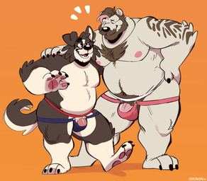 3_toes anthro beard belly black_nose body_hair chest_hair clothing duo eye_contact eyewear facial_hair feet genitals glasses hand_on_hip happy_trail hug jockstrap leaning looking_at_another male male/male markings moobs mustache nipples orange_background overweight overweight_anthro overweight_male penis penis_base penis_size_difference pink_penis pubes simple_background size_difference smile tattoo toes underwear wearing_glasses borkbawbaw barley_(barleytheburr) benny_(bennycartoonist) bear border_collie canid canine canis collie domestic_dog herding_dog mammal pastoral_dog polar_bear sheepdog ursine 2024 hi_res