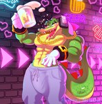 2023 alcohol anthro beer beverage big_bulge blush bottomwear bulge clothed clothing crocodile crocodilian crocodylid drunk electronics green_body headphones hi_res looking_at_viewer male open_mouth reptile scalie sega solo sonic_the_hedgehog_(series) substance_intoxication tail tentabat tongue tongue_out topless vector_the_crocodile