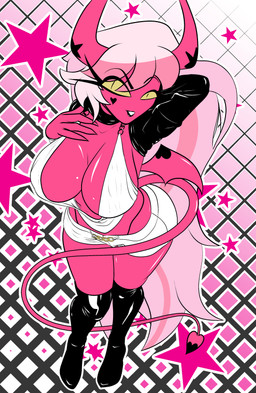back_wings big_breasts black_lips boots bottomwear breasts clothing female footwear full_cleavage geometric_background glistening glistening_breasts hair hand_behind_head heart_(marking) horn horn_markings knee_boots knee_highs legwear lips long_hair long_tail markings nipple_outline not_furry pink_body pink_hair pink_skin pupils shoes shorts simple_background slit_pupils smile solo spade_tail star_(marking) star_polygon tail thong_straps topwear white_bottomwear white_clothing white_shorts white_topwear wings yellow_sclera wallyroo hellaverse helluva_boss verosika_mayday demon humanoid succubus 2022 absurd_res hi_res