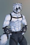 2022 absurd_res anthro belt black_clothing canid canine canis clothed clothing fur gloves hair handwear harness hi_res looking_at_viewer male mammal mihoyo muscular muscular_anthro muscular_male one_eye_obstructed rofu_kagazaki simple_background solo topless topless_anthro topless_male von_lycaon white_body white_fur white_hair wolf zenless_zone_zero
