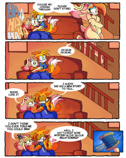 2_tails anthro areola bedding big_ears blanket blue_clothing blue_eyes blue_shirt blue_topwear blush blush_lines breasts brown_areola brown_ear_tips brown_eyes brown_hair building clothed clothed_anthro clothed_female clothed_male clothing covering dialogue dipstick_ears dipstick_tail dress ear_markings embarrassed female fully_clothed fully_clothed_anthro fully_clothed_female fully_clothed_male fur furniture genitals group hair house humiliation laugh male markings mature_female multi_tail multicolored_ears nude nude_anthro nude_female orange_clothing orange_dress pink_inner_ear revenge running shirt smile smug smug_face smug_grin sofa speech_bubble stairs tail tail_markings tan_body tan_fur text topwear trio vulva white_tail_tip yellow_body yellow_fur himitsu popfulblue sega sonic_the_hedgehog_(series) cream_the_rabbit miles_prower vanilla_the_rabbit canid canine fox lagomorph leporid mammal rabbit absurd_res comic english_text hi_res