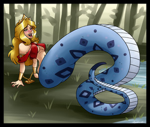 apode bdsm black_border blonde_hair blue_body blue_scales blush bondage border bound breasts brown_eyes cleavage clothed clothing crown cuff_(restraint) fangs female hair headgear legless lips lipstick makeup nipple_outline red_lips red_lipstick restraints scales serpentine shackles smile split_form swamp teeth tiara under_boob spiderweber draconcopode humanoid lamia reptile scalie snake absurd_res hi_res
