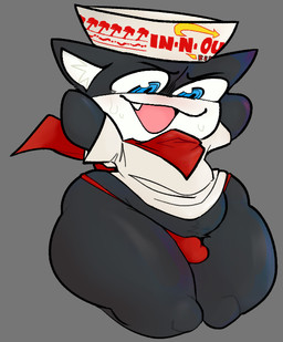 anthro belly biped black_body blue_eyes bodily_fluids bulge clothing detailed_bulge ear_tuft fangs hands_behind_head hat headgear headwear kneeling male mask open_mouth panties product_placement red_clothing red_panties red_scarf red_underwear scarf shirt shortstack shortstack_male slightly_chubby slightly_chubby_male solo sweat teeth thick_thighs topwear tuft underwear white_clothing white_shirt white_topwear awakecore atlus in-n-out megami_tensei persona_(series) persona_5 sega morgana_(persona) felid feline mammal