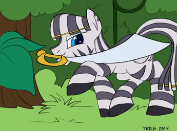 accessory blue_eyes cutie_mark dreadlocks feral forest grey_body hair_accessory hair_tie hooves jewelry male mane melee_weapon mouth_hold plant solo stripes sword tree weapon gyrotech nanook123 hasbro my_little_pony ruzeth equid equine mammal zebra hi_res