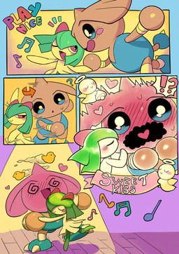 blush bodily_fluids claws dizzy duo eyes_closed female feral hand_holding heart_symbol hug kiss_on_cheek kissing male male/female musical_note musical_symbol one_eye_closed open_mouth question_mark red_eyes romantic romantic_couple smile sweat sweatdrop symbol tail text wink powerandy nintendo pokemon generation_2_pokemon generation_3_pokemon hitmontop kirlia pokemon_(species) absurd_res comic hi_res