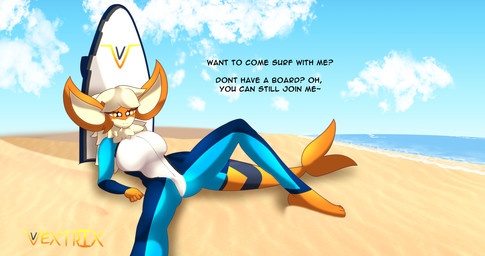 anthro anthrofied beach big_breasts breasts clothing female huge_breasts pokemorph presenting solo swimwear text wetsuit vextrix nintendo pokemon arc_vap arcanine eeveelution generation_1_pokemon hybrid pokemon_(species) vaporeon english_text hi_res