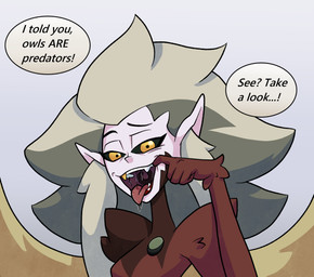 black_sclera bodily_fluids dialogue drooling fangs female finger_in_mouth fish_hooking humanoid_pointy_ears mouth_shot open_mouth pointy_ears presenting_mouth saliva solo teeth text tongue tongue_out uvula yellow_eyes hopethishelps disney european_mythology greek_mythology mythology the_owl_house eda_clawthorne animal_humanoid avian avian_humanoid harpy humanoid mammal mythological_avian mythological_creature owl_beast_(the_owl_house) witch_(the_owl_house) 2025 english_text hi_res