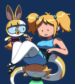 anthro bangs blonde_hair blunt_bangs bodily_fluids breasts clothed clothing conjoined cosplay dress duo female hair smile sweat toony white_body discount-supervillain adventure_time cartoon_network fionna_and_cake_(franchise) powerpuff_girls blossom_(powerpuff_girls) bubbles_(powerpuff_girls) buttercup_(powerpuff_girls) cake_the_cat fionna_the_human domestic_cat felid feline felis human mammal digital_media_(artwork)