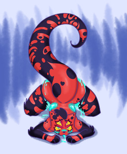 ambiguous_gender antennae_(anatomy) anthro ass_up bent_legs big_butt big_tail black_goo black_markings bodily_fluids butt cum genital_fluids glowing glowing_cum heart_(marking) heart_eyes heart_symbol horn lying markings on_front paws red_body solo spread_legs spreading tail thick_thighs unusual_bodily_fluids unusual_cum unusual_genital_fluids checheslide alien goo_creature hi_res