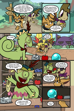 6_panel_comic ambiguous_gender apple bandage berry biped black_cape black_clothing black_eyes black_text brown_body brown_fur brown_hair building cape clothing coin day dialogue duo ellipsis exclamation_point eye_patch eyebrows eyelashes eyewear fence feral fluffy fluffy_tail food fruit fur gesture green_body hair hand_gesture hand_on_cheek hat headgear headwear holding_coin holding_object house inner_ear_fluff inner_monologue looking_at_another looking_at_object mailbox merchant neck_tuft one_eye_obstructed open_mouth open_smile orb outside page_number paws plant pointing pointing_at_object pupils purple_eyes purple_scarf quadruped question_mark scarf sharp_teeth shrub sign smile sparkles speech_bubble standing tail talking_to_another teeth text thinking tongue toony translucent translucent_hair tree tuft tusks walking white_sclera virmir nintendo pokemon pokemon_mystery_dungeon spike_chunsoft virmir_(character) zinc_(zincxiron) axew eevee generation_1_pokemon generation_3_pokemon generation_5_pokemon kecleon pokemon_(species) 2026 2:3 absurd_res comic english_text hi_res signature male_(lore)