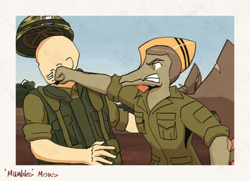 angry anthro armor army_uniform bald black_body border brown_body brown_hair cigarette clenched_teeth clothed clothed_anthro clothed_human clothed_male clothing day duo face_punch fingers fist green_clothing green_hat green_headwear hair hard_hat hat headgear headwear helmet humanoid_hands looking_at_another male orange_body orange_eyes outside photo scar short_hair teeth vietnam_war white_border wings colonel_yuri cavemanon_studios full_metal_jacket goodbye_volcano_high ko_op_(game_developer) snoot_game anon_(snoot_game) fang_(gvh) naser_(gvh) human mammal prehistoric_species pterosaur reptile scalie colored hi_res shaded