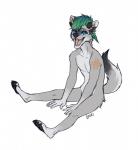 4_toes 5_fingers anthro barefoot biped black_pawpads blue_eyes claws feet fingers green_hair hair male open_mouth pawpads simple_background sitting soles solo teeth toes tongue white_background gonewiththefart canid canine canis mammal wolf digital_media_(artwork)