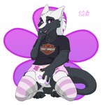 ambiguous_gender anthro claws clothing diaper hand_on_diaper kneeling legwear looking_at_viewer open_mouth paws smile solo teeth thigh_highs tongue touching_diaper stargal_galexi harley_davidson sergal 1:1 hi_res