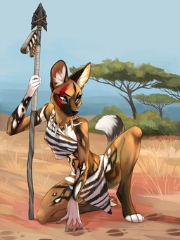 4_toes 5_fingers anthro barefoot biped blue_eyes bottomwear clothed clothing day detailed_background eyelashes feet female fingers fully_clothed fur holding_object holding_weapon loincloth melee_weapon outside polearm sky solo spear tan_body tan_fur toes tribal tribal_clothing weapon demicoeur shuki african_wild_dog canid canine mammal 2018 3:4 digital_media_(artwork) hi_res