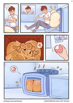 appliance areola baking big_breasts big_butt breasts brown_hair butt butt_focus clothed clothing cooking dough duo exclamation_point eyebrows female food hair huge_breasts huge_butt male male/female nipples nude stove 1bit-deviant food_creature human mammal animated animated_comic comic hi_res pictographics