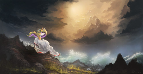 crown day detailed_background eyelashes female feral grass hair headgear horn multicolored_hair outside plant purple_eyes sky solo standing sun tiara unicorn_horn water wings shamanguli friendship_is_magic hasbro my_little_pony mythology princess_celestia_(mlp) equid equine mammal mythological_creature mythological_equine winged_unicorn hi_res