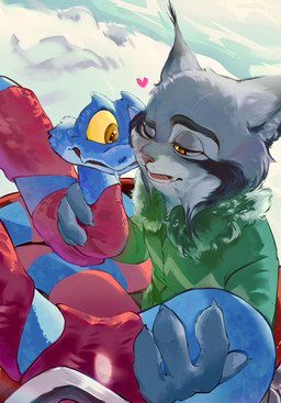 anthro clothing cuddling duo heart_symbol male male/male one_eye_closed scarf smile snow sweater topwear wink yellow_eyes woshishugen disney zootopia gary_de'snake pawbert_lynxley canada_lynx felid feline lynx mammal pit_viper reptile scalie snake viper hi_res