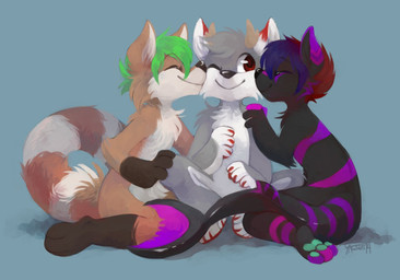 anthro antlers black_body black_fur black_nose blue_background brown_antlers brown_body brown_fur claws eyes_closed feet fur green_hair green_pawpads grey_body grey_fur group hair head_tuft hindpaw horn kiss_on_cheek kissing male male/male markings nude pawpads paws plantigrade purple_body purple_fur red_claws red_eyes ring_(marking) ringed_tail shark_tail short_hair simple_background sitting sitting_on_ground smile striped_markings striped_tail stripes tail tail_markings trio tuft white_body white_fur darmp canid canine hybrid mammal 2014 digital_media_(artwork) digital_painting_(artwork) painting_(artwork) shaded