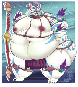 accessory anthro armor belly big_belly black_claws blue_body blue_eyes blue_fur blue_stripes bottomwear brown_nose claws clothing druid fangs fantasy fantasy_weapon fur glowing glowing_eyes headgear helmet horn horned_helmet loincloth magic_user male melee_weapon mostly_nude nipples obese obese_anthro obese_male overweight overweight_anthro overweight_male polearm sharp_teeth simple_background solo staff striped_body striped_fur stripes teeth thick_thighs tribal_spellcaster weapon white_body white_fur wide_hips lionberrymochi dungeons_and_dragons hasbro wizards_of_the_coast felid feline lynx mammal absurd_res flat_colors hi_res shaded simple_shading