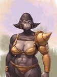 abs anthro armor bikini_armor black_body black_fur black_hair breasts brown_eyes clothed clothing ear_piercing female front_view fur hair looking_at_viewer midriff muscular muscular_anthro muscular_female pauldron pecs pecs_with_breasts piercing skimpy solo standing unconvincing_armor redustheriotact queenie_(thehallofart) ape gorilla haplorhine mammal primate hi_res