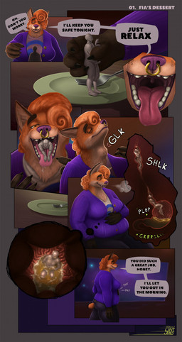 anthro anthro_pred balls belly bodily_fluids bottomwear breasts clothing dominant duo erection extreme_size_difference facial_piercing female female_anthro female_pred fur genitals grey_background hair in_mouth inside_stomach internal larger_anthro larger_dom larger_female male male/female male_prey micro mouth_shot neck_bulge nose_piercing nose_ring on_tongue open_mouth orange_body orange_fur orange_hair overweight overweight_female pants penis piercing plate ring_piercing shirt simple_background size_difference smaller_male standing stomach_acid swallowing swallowing_sound_effect text tongue tongue_out topwear vore lint_jones fia_(lint_jones) bear canid canine fox hybrid mammal comic english_text hi_res