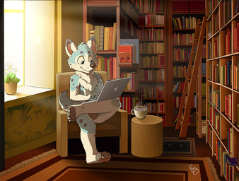 anthro arm_tuft armchair black_nose blue_body blue_eyes blue_fur chair cheek_tuft chest_tuft computer container cup dipstick_ears ear_markings elbow_tuft electronics facial_tuft featureless_crotch fur furniture glistening glistening_eyes head_tuft laptop library logo male male_anthro mouth_closed mug multicolored_ears nude plant plant_pot potted_plant sitting solo steam tuft white_body white_fur window pandapaco canid canine mammal adobe_photoshop_(artwork) artist_logo digital_media_(artwork) signature