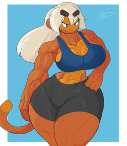 abs anthro athletic athletic_anthro athletic_female biceps big_breasts blue_background blue_eyes border bottomwear bra breasts brown_body brown_fur cleavage clothed clothing crop_top curvy_figure eyelashes female fingers fur hair hand_on_hip hand_on_own_hip hourglass_figure huge_breasts long_hair long_tail midriff multicolored_body multicolored_fur muscular muscular_anthro muscular_female muscular_thighs shirt shorts simple_background small_waist smile solo sports_bra tail thick_thighs topwear two_tone_body two_tone_fur underwear white_border white_hair wide_hips workout_clothing dreamerknight bloons_tower_defense ninja_kiwi admiral_brickell haplorhine mammal monkey primate 2023 absurd_res digital_drawing_(artwork) digital_media_(artwork) hi_res signature