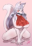 anthro areola bib big_breasts bottomless breasts clothed clothing crouching female fur hair hime_cut huge_breasts inner_ear_fluff kemono key long_hair looking_at_viewer mehajiki mostly_nude navel nipples object_in_mouth red_eyes simple_background smile tuft under_boob white_body white_fur white_hair usagin tamamo-chan's_a_fox tamamo_fushimi canid canine fox mammal hi_res signature