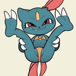 anthro anus barely_visible_anus bikini biped black_nose blue_body blue_fur clothing cute_fangs fangs featureless_chest female flat_chested fur looking_at_viewer presenting pupils red_body red_eyes simple_background solo spread_legs spreading swimwear tail teeth two-piece_swimsuit white_background itsunknownanon nintendo pokemon generation_2_pokemon pokemon_(species) sneasel 1:1 hi_res