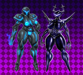 abs areola arm_cannon armor big_breasts black_body black_horn blue_areola blue_nipples blue_vulva breasts checkered checkered_background duo featureless_breasts featureless_feet feet female front_view genitals hand_on_hip horn huge_breasts looking_at_viewer navel nipples nude organic_armor pattern_background purple_background shoulder_pads simple_background thick_thighs vulva wide_hips voideyedpanda deltarune metroid nintendo undertale_(series) dark_samus roaring_knight alien alien_humanoid horned_humanoid humanoid absurd_res hi_res