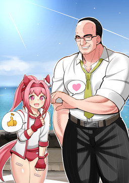 5_fingers accessory asian_clothing band-aid band-aid_on_leg bandage bangs belt black_bottomwear black_clothing black_hair black_pants bottomwear bow_ribbon buruma cherry_blossom cherry_blossom_eyes cleft_chin clothed clothing cloud duo east_asian_clothing eyebrow_through_hair eyebrows eyelashes eyes_closed eyewear female fingerless_gloves fingers flower fully_clothed gesture glasses gloves green_necktie hair hair_bow_(anatomy) hand_gesture handwear headband heart_symbol jacket japanese_clothing light light_beam looking_at_viewer male muscular muscular_male necktie open_mouth open_smile pants pink_eyes pink_hair plant ponytail prunus_(flower) seaside sky smile speech_bubble sunbeam sunlight teeth thumbs_up topwear translucent translucent_hair unrequited_heart_gesture unusual_eyes water white_collared_shirt aramori_susumu cygames konami metal_gear metal_gear_rising:_revengeance platinumgames uma_musume_pretty_derby haru_urara_(pretty_derby) senator_armstrong_(metal_gear) animal_humanoid equid equid_humanoid equine equine_humanoid horse_humanoid human humanoid mammal mammal_humanoid 2025 absurd_res colored crossover detailed digital_drawing_(artwork) digital_media_(artwork) hi_res