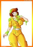 absurd_res april_o'neil big_breasts breasts clothing english_text female hair hi_res human human_only jumpsuit mammal not_furry short_hair simple_background slime solo surprise teenage_mutant_ninja_turtles text white_background witchking00