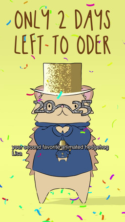 advertisement anthro clothed clothed_anthro clothing confetti dot_eyes eyewear female female_anthro gesture glasses hand_on_chest hand_on_head hand_on_own_chest hat headgear headwear holidays humming new_year_glasses non-verbal novelty_glasses pink_nose print_clothing print_topwear quills_(anatomy) simple_background simple_eyes sweater tan_body text top_hat topwear waving waving_at_viewer waving_hand yellow_background natural_habitok natural_habitat_shorts new_year new_year_2025 lisa_(natural_habitok) eulipotyphlan hedgehog mammal 2025 9:16 animated english_text hi_res long_playtime sound subtitled
