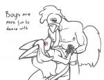 anthro blush breasts clothed clothing duo female male muscular text topless feretta tumblr fenavi_montaro mayor_cock avian bird canid canine chicken fennec_fox fox galliform gallus_(genus) mammal phasianid true_fox digital_media_(artwork) english_text low_res monochrome herm_(lore)