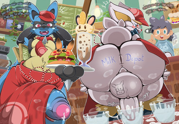 anthro anus backsack balls big_butt black_body black_fur blue_body blue_fur bodily_fluids butt cum cum_in_a_cup cum_in_container cumshot ejaculation erection femboy fur genital_fluids genitals group huge_butt humanoid_genitalia humanoid_penis male penis precum red_eyes text white_body white_fur mrt0ony nintendo pokemon cinderace generation_4_pokemon generation_8_pokemon human lucario mammal pokemon_(species) english_text hi_res