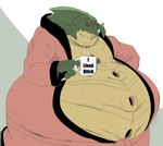 anthro bathrobe belly big_belly claws clothing coffee_mug container cup deep_navel fangs green_body green_scales horn looking_at_viewer male navel overweight pink_clothing pink_robe profanity red_eyes robe scales slightly_chubby solo teeth text reagan700 i_lived_bitch_(meme) metroid nintendo kraid alien scalie 2022 english_text hi_res