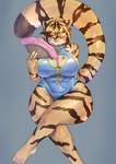 anthro asian_clothing big_breasts breasts chinese_clothing chinese_dress cleavage cleavage_cutout clothed clothing cutout dress east_asian_clothing female folding_fan fur hair huge_breasts looking_at_viewer solo thick_thighs su1ka felid mammal pantherine tiger hi_res