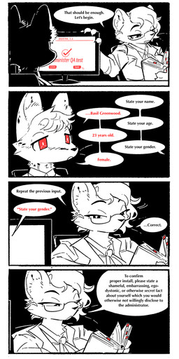 4_panel_comic anthro black_background black_text bookmark brainwashing claws computer_monitor computer_screen duo ear_piercing ears_up eyewear female feminization glasses hypnosis interrogation looking_away mind_control office_clothing office_lady piercing pupils red_eyes red_text simple_background speech_bubble symbol-shaped_pupils text unusual_pupils pawberry l-tech daisy_(pawberry) mara_(pawberry) domestic_cat felid feline felis mammal serval comic english_text hi_res restricted_palette trans_(lore) trans_woman_(lore)
