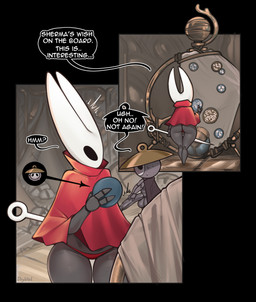 2_horns 2_panel_comic 3_fingers balls big_penis biped black_eyes blush blush_lines board bodily_fluids butt clothed clothing dialogue duo ellipsis empty_eyes exclamation_point female fingers genitals holding_melee_weapon holding_object holding_weapon horn male melee_weapon penis question_mark red_clothing red_underwear skimpy small_but_hung speech_bubble standing sweat sweatdrop talking_to_self text underwear weapon white_text wide_hips dryvial hollow_knight:_silksong hollow_knight_(franchise) team_cherry hornet_(hollow_knight) sherma_(hollow_knight:_silksong) arthropod 2025 comic english_text hi_res