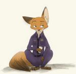 anthro barefoot biped bottomwear clothed clothing container cup feet fully_clothed fur green_eyes holding_container holding_cup holding_object necktie orange_body orange_fur pants police police_uniform shirt simple_background sitting solo tan_background topwear uniform marema_kishin disney zootopia nick_wilde canid canine fox mammal red_fox true_fox 2019 digital_media_(artwork)