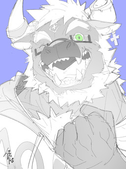 2_horns 5_fingers anthro beard chest_tuft clothed clothed_anthro clothed_male clothing cross cross_ear_piercing cross_piercing cut_horn dark_body dark_fur ear_piercing eyebrows eyewear facial_hair facial_markings fangs fingers fist forehead_markings fur glasses green_eyes hair head_horn head_markings hoodie horn horn_jewelry horn_ring jewelry looking_at_viewer male markings one_eye_closed open_mouth open_smile piercing purple_background rectangular_glasses ring_(jewelry) simple_background smile solo teeth tongue_showing topwear tuft wearing_glasses white_beard white_eyebrows white_facial_hair white_hair white_sclera wink winking_at_viewer chiayeeee lightidal bovid bovine cattle mammal 2023 absurd_res bust_portrait digital_drawing_(artwork) digital_media_(artwork) hi_res portrait